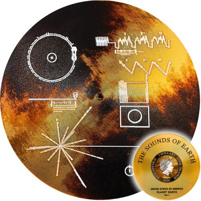 Cook Islands SPACECRAFT VOYAGER GOLDEN RECORD - SOUNDS OF EARTH $2 Silver Coin 2020 Record Grooves shape Proof Gold plated